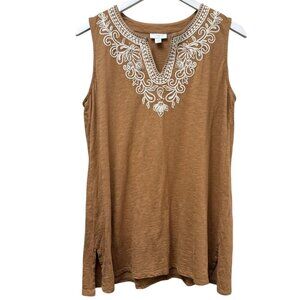 J. JILL  Embroidered Tee Size Medium Sleeveless Cotton Modal Boho Womens Top Tan